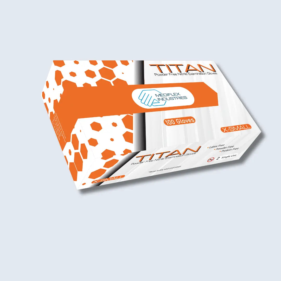 Titan powder free blue nitrile gloves in an orange and white box with 100 gloves size X-small